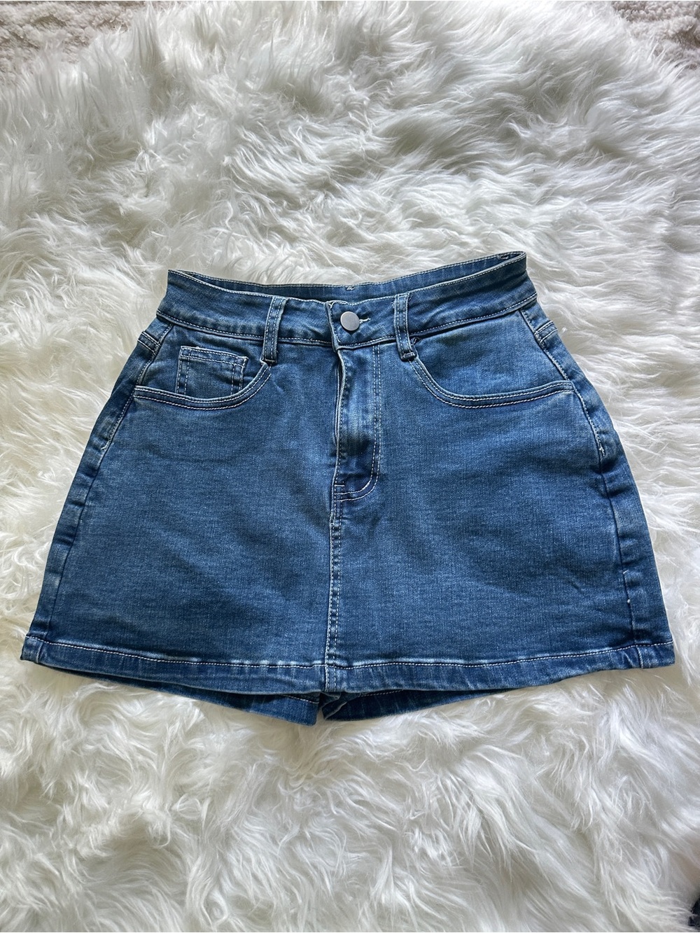 Classic Denim Mini Skirt Shorts in Medium Blue